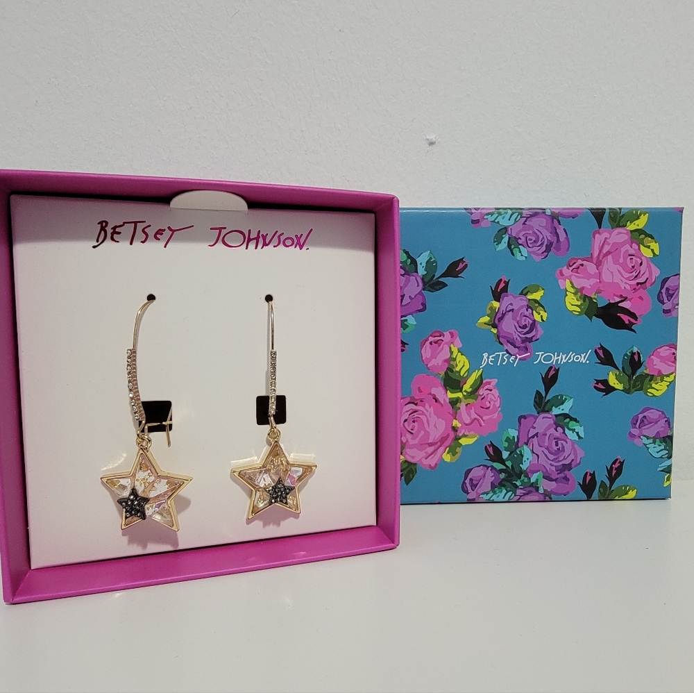 Betsey Johnson Gold Star Earrings with Black Accents